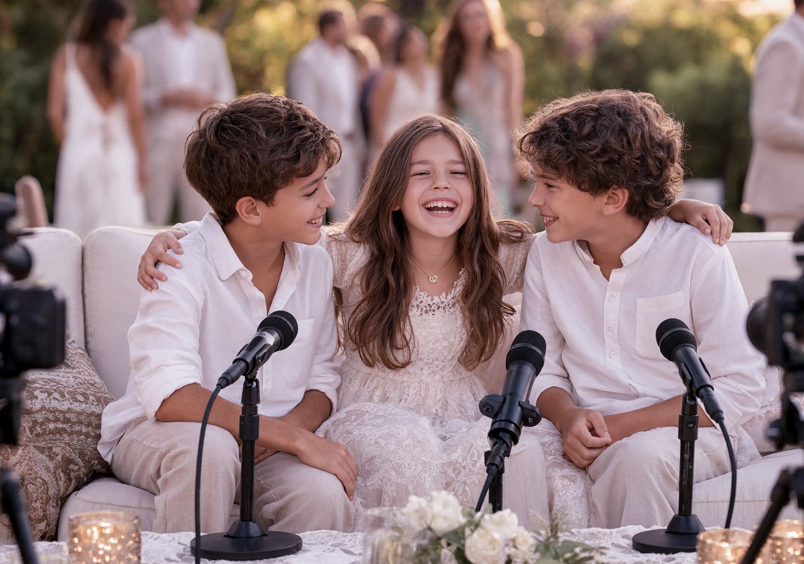 Niños abrazados compartiendo en el set The Wedding Podcast